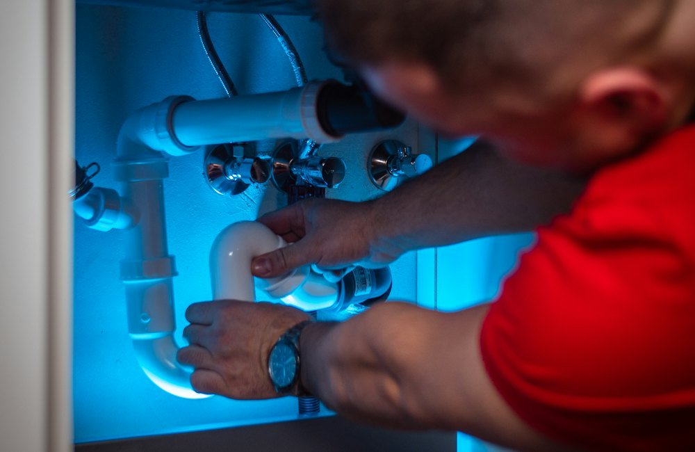Handwerker löst einen Siphon unter dem Waschbecken